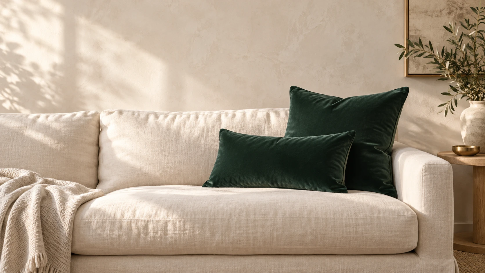 Forest green velvet covers styled on an ivory sofa